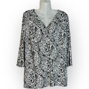 Talbots Plus Black White Bold Paisley Top Tunic Faux Wrap Soft Drape Office 1X